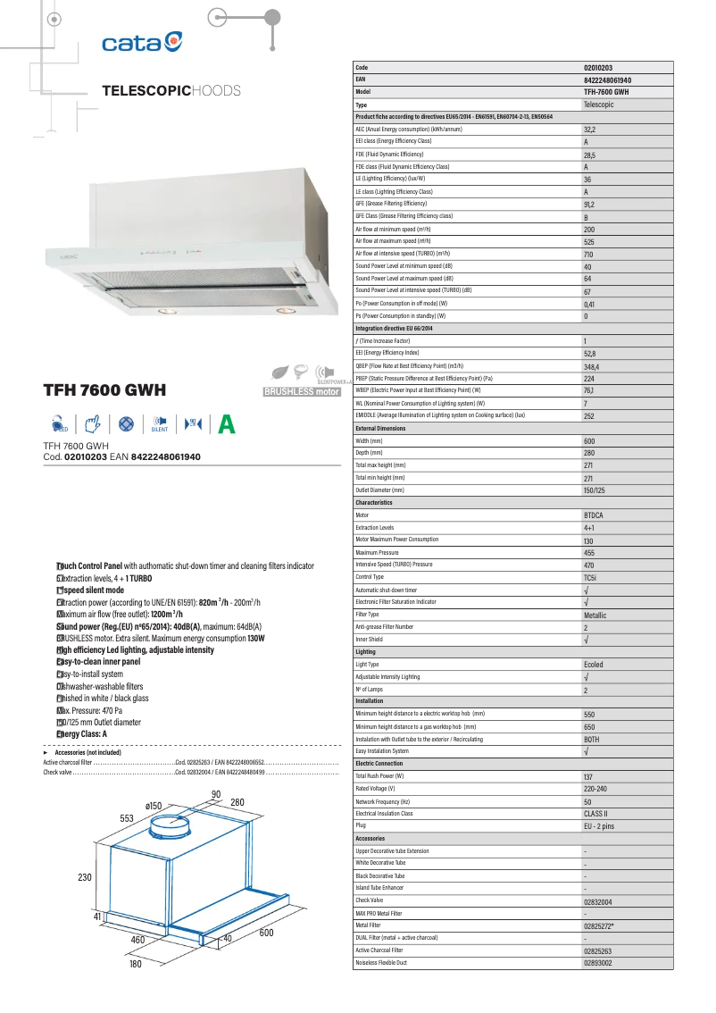 Page 1 de la notice Fiche technique CATA TF 7600 WH