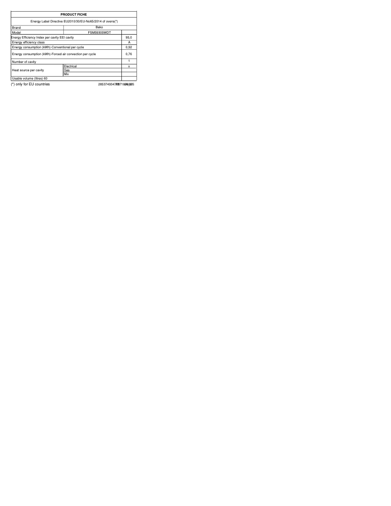 Page 1 de la notice Fiche technique Beko FSM59305WDT