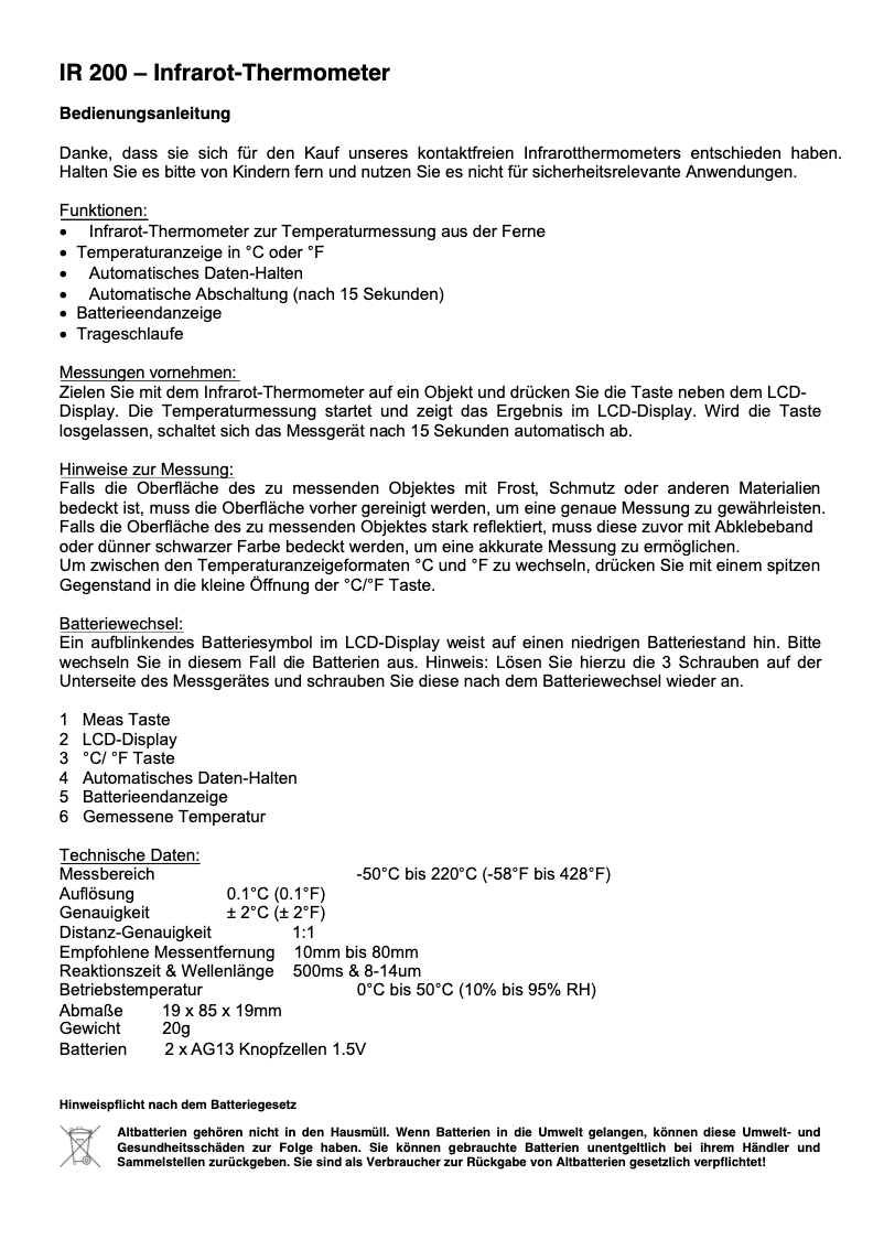 Page 1 de la notice Manuel utilisateur Techno Line IR 200