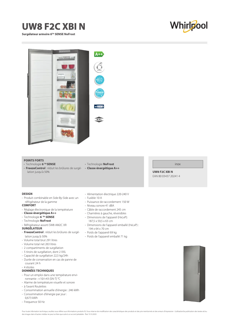 Page 1 de la notice Fiche technique Whirlpool UW8 F2C XBI N