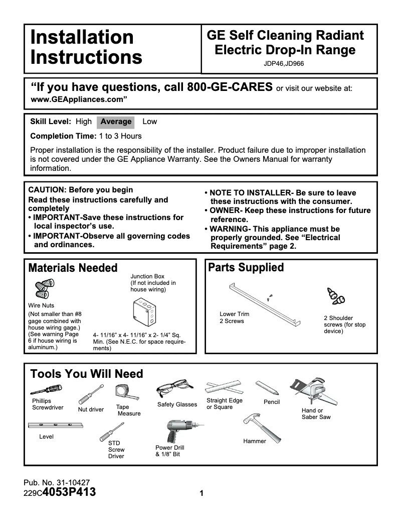 Page n°1 - Guide d'installation GE Profile JD966WDWW
