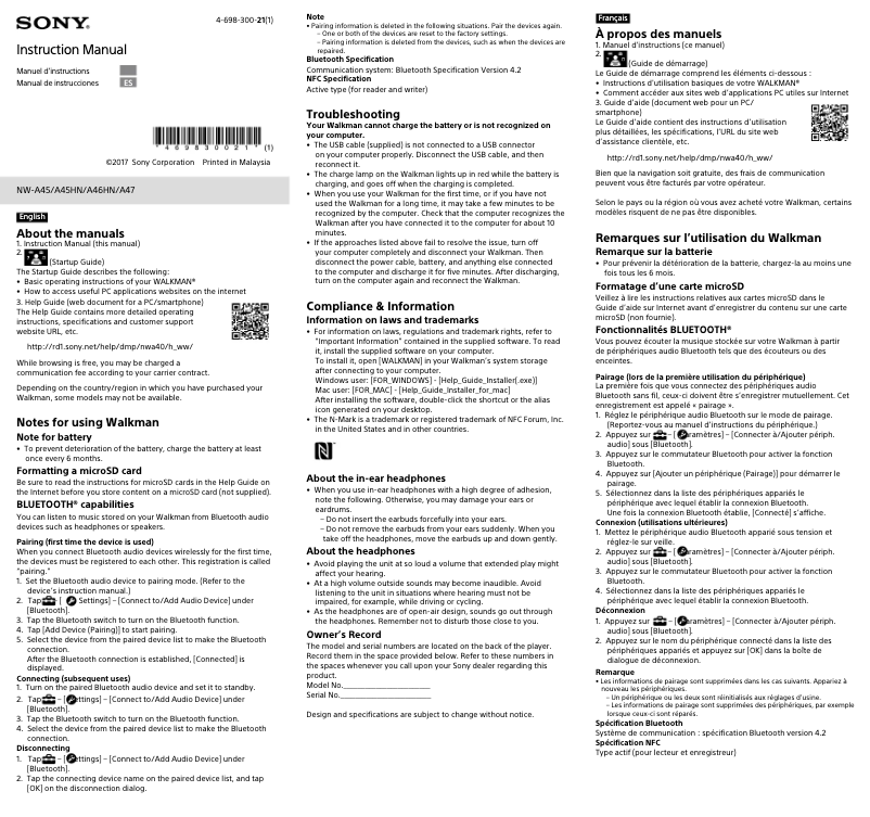 Page 1 de la notice Manuel utilisateur Sony NW-A45HN