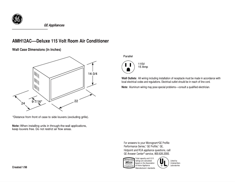 Page n°1 - Fiche technique GE AMH12AC