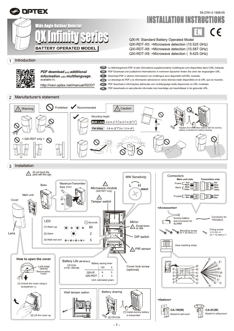 Page 1 de la notice Manuel utilisateur Optex QXI-MW