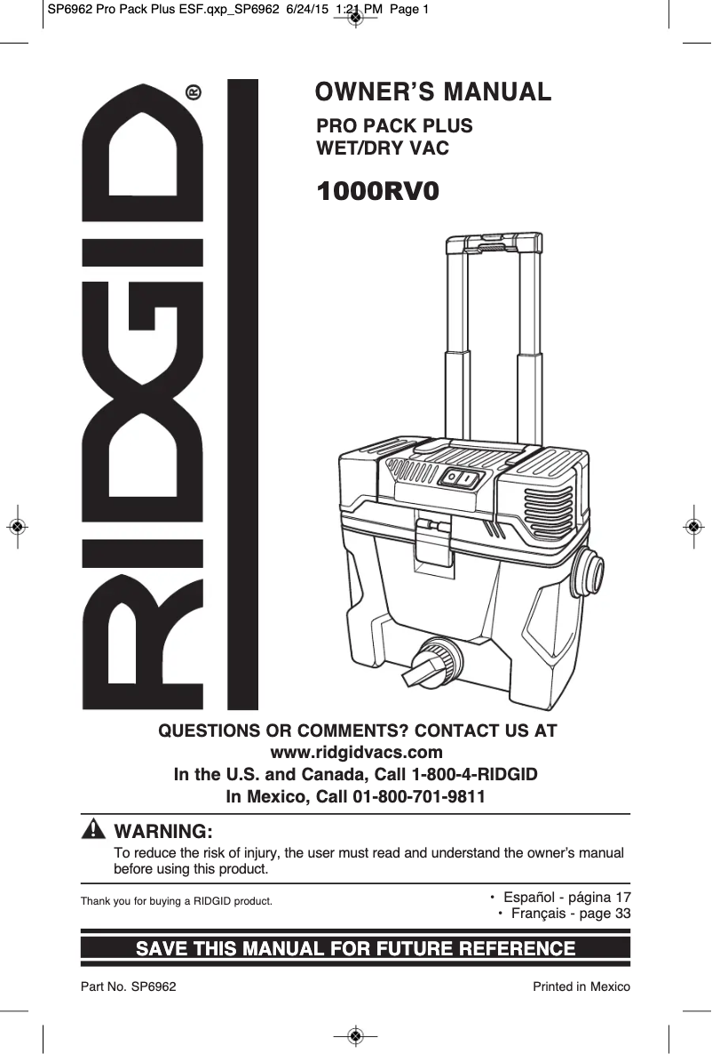 Page 1 de la notice Manuel utilisateur Ridgid 1000RV