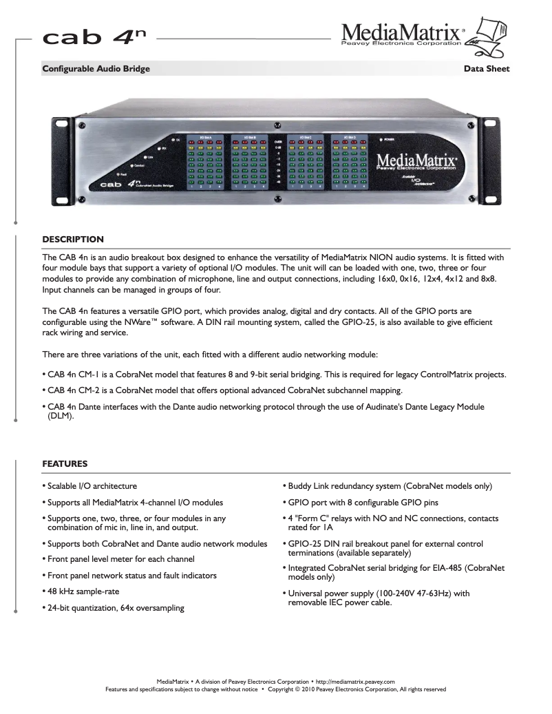 Page 1 de la notice Fiche technique MediaMatrix CAB 4n