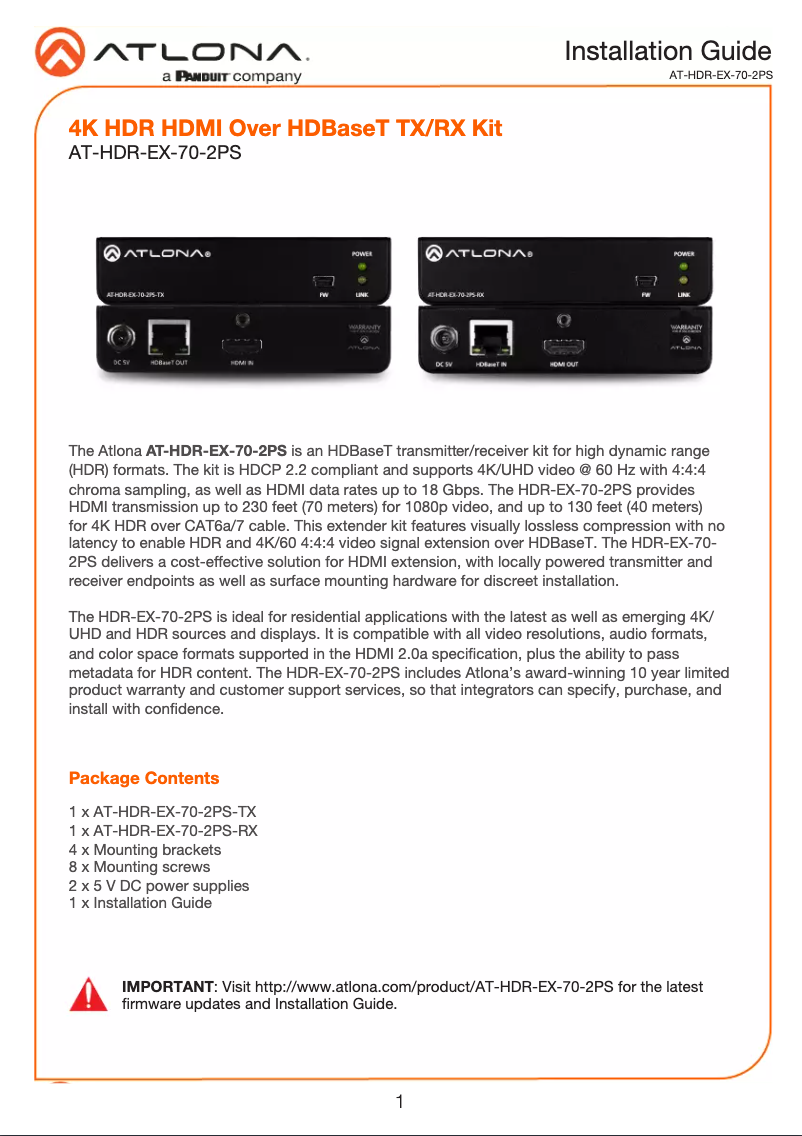 Page 1 de la notice Manuel utilisateur Atlona AT-HDR-EX-70