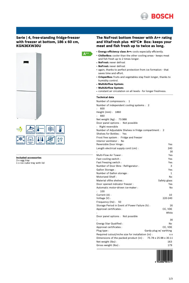 Page 1 de la notice Fiche technique Bosch KGN36XW30U