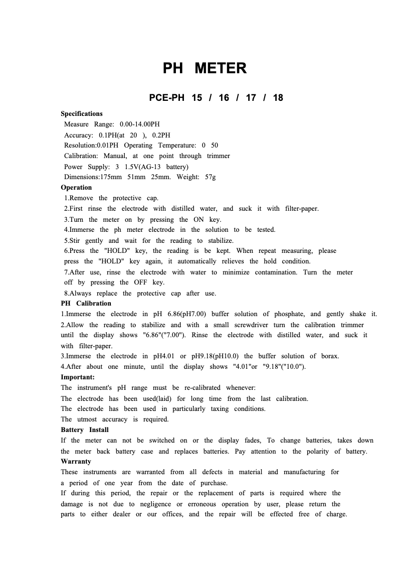 Page n°1 - Manuel utilisateur PCE Instruments PCE-PH 15