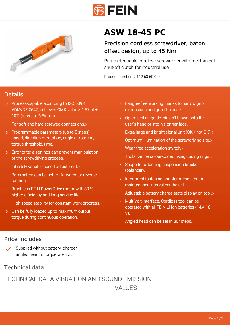 Página 1 del manual Ficha técnica Fein ASW 18-45 PC
