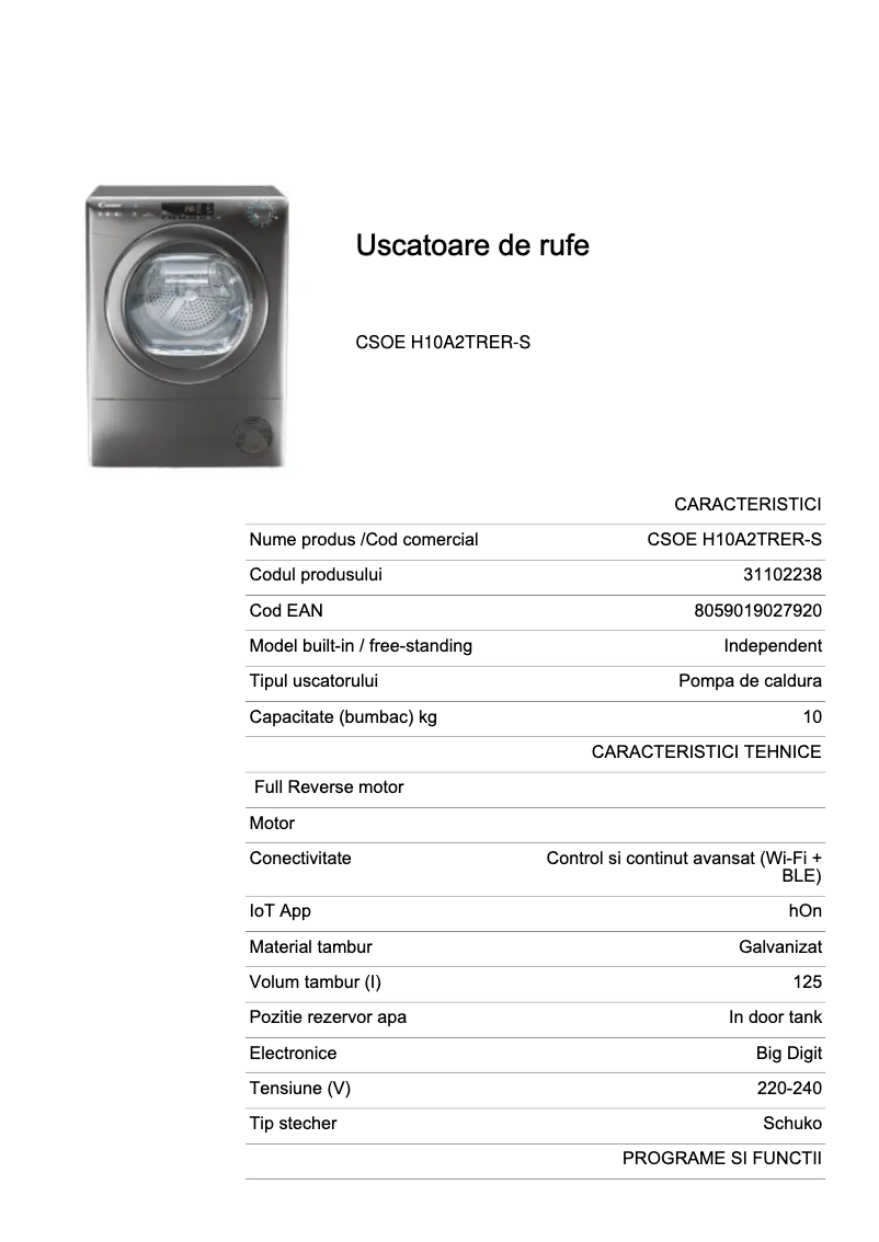 Page 1 de la notice Fiche technique Candy CSOE H10A2TRER-S