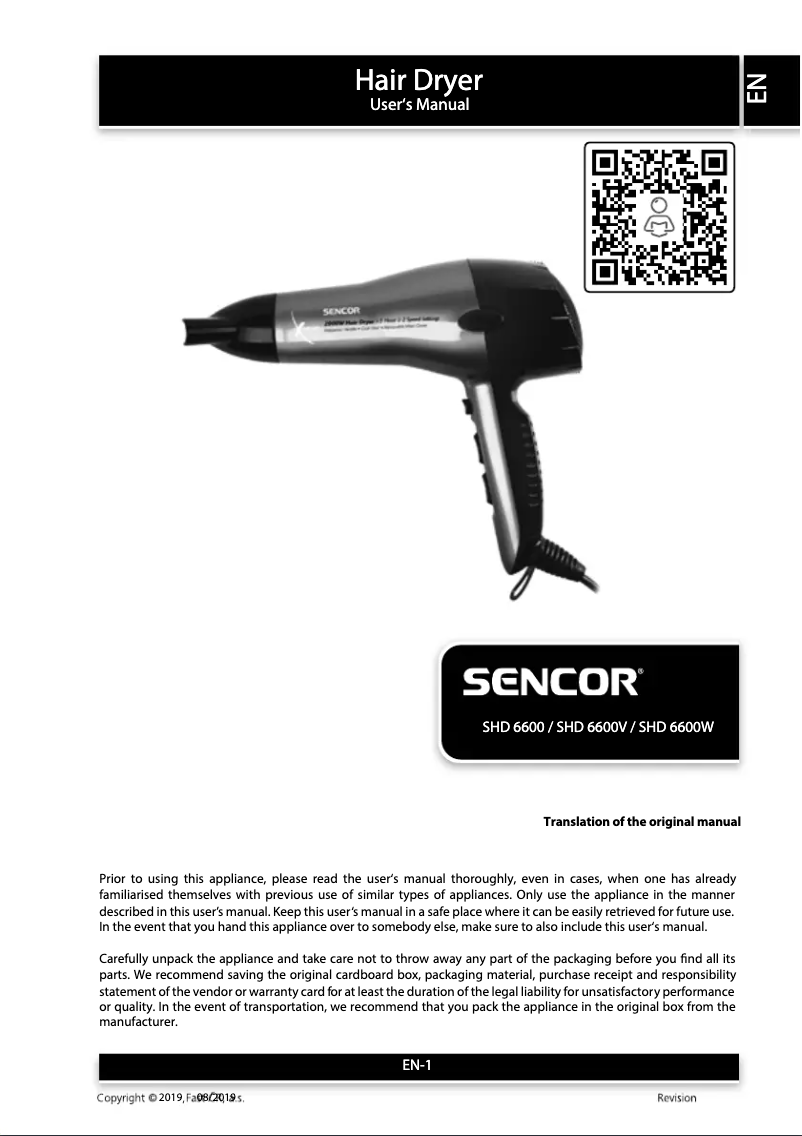 Page 1 of the manual User Manual Sencor SHD 6600W