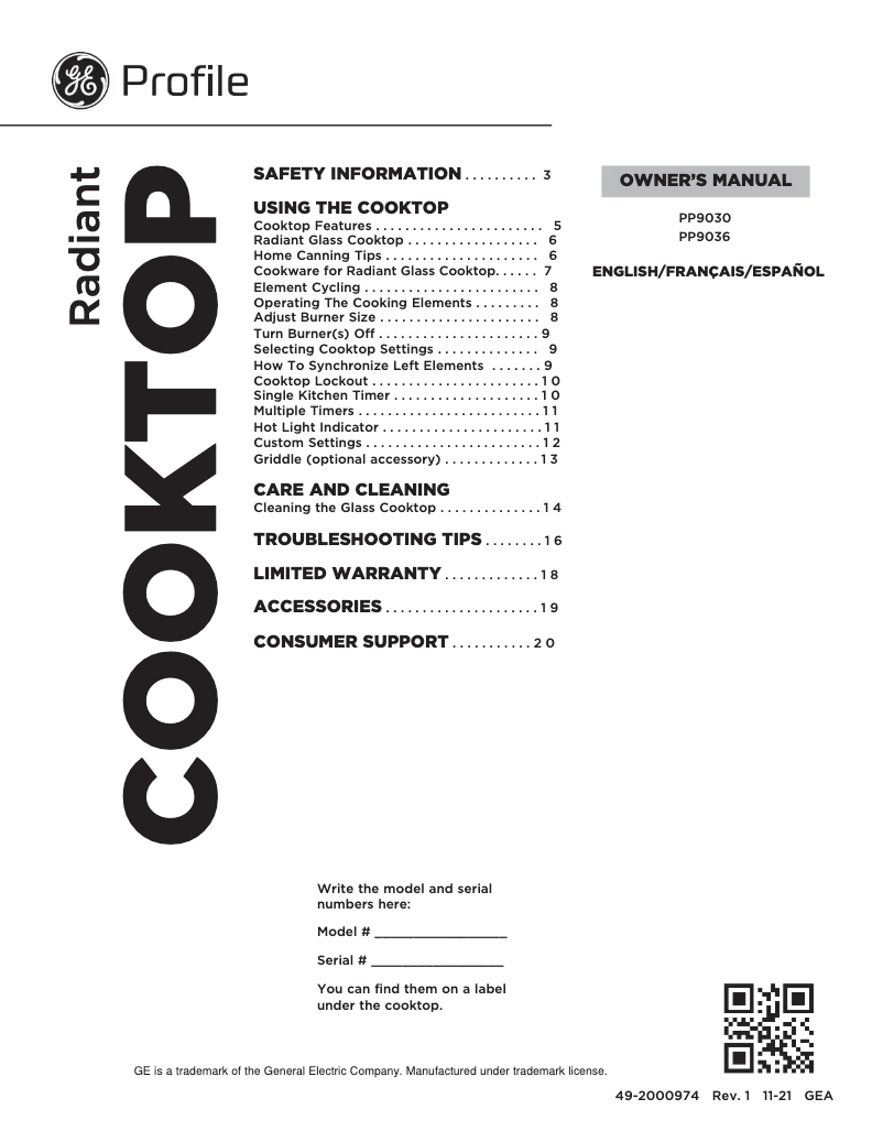 Page n°1 - Manuel d'utilisation et d'entretien GE Profile PP9036SJSS