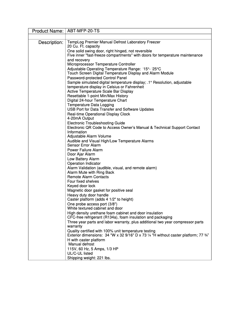 Page 1 de la notice Manuel utilisateur American BioTech Supply ABT-MFP-20-TS