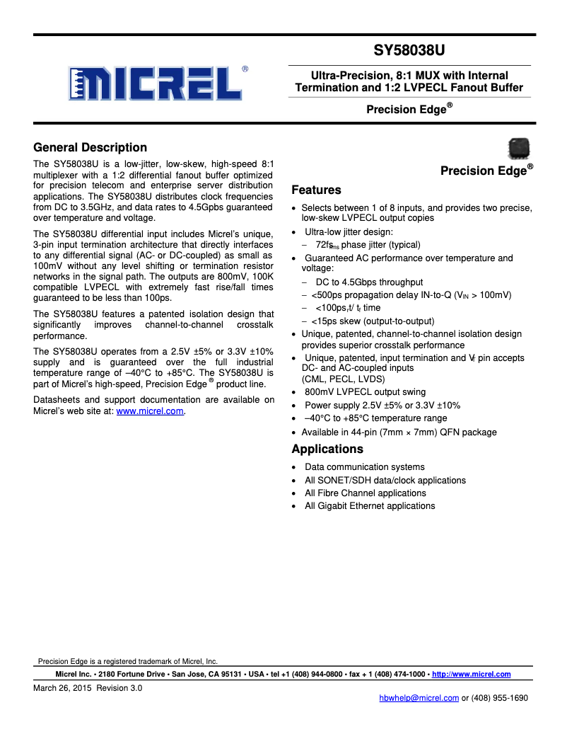 Page 1 de la notice Manuel utilisateur Microchip SY58038U