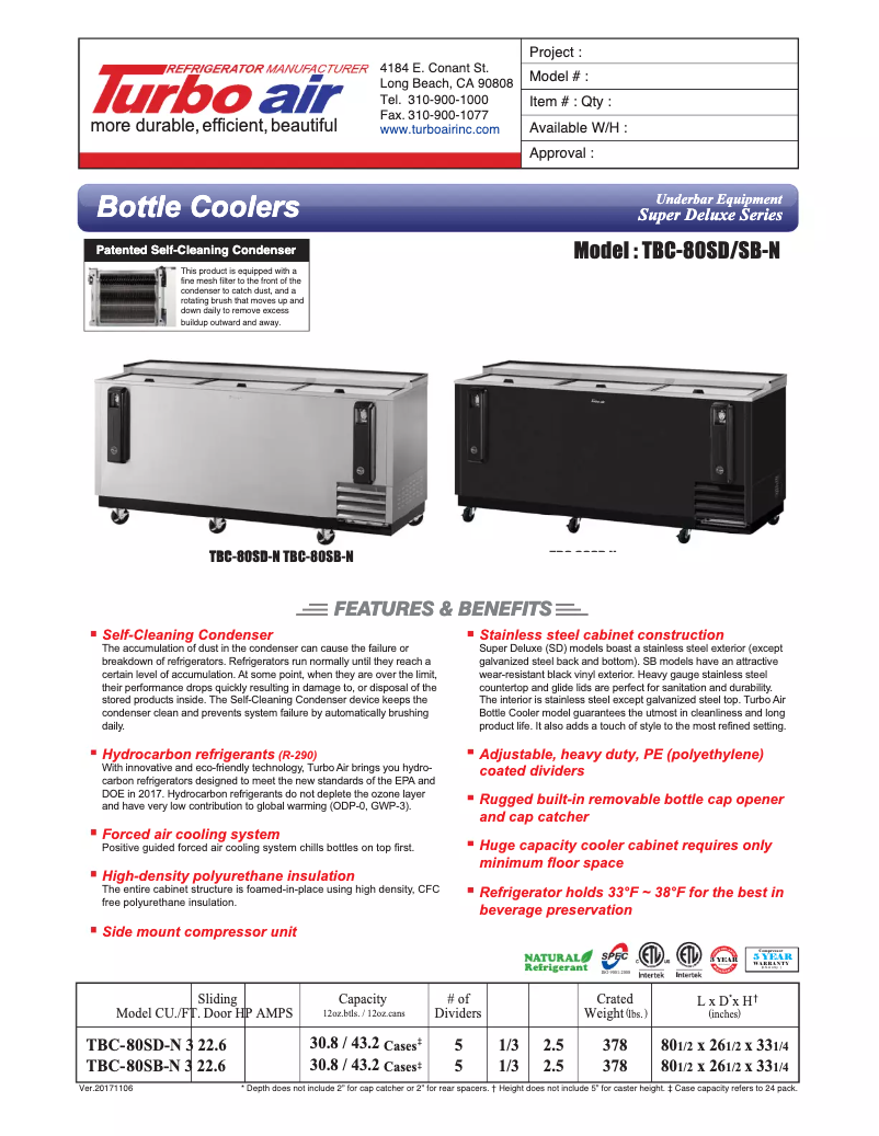 Página 1 del manual Ficha técnica Turbo air TBC-80SD