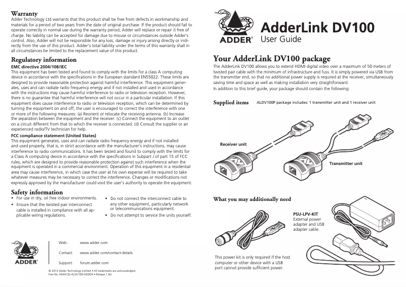 Image de la première page du manuel de l'appareil ADDERLink DV100 HDMI