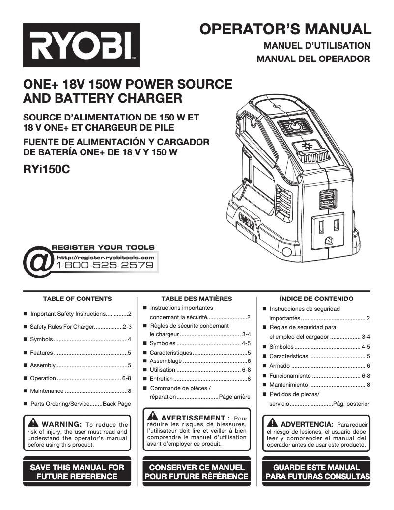 Page 1 de la notice Manuel utilisateur RYOBI RYi150C