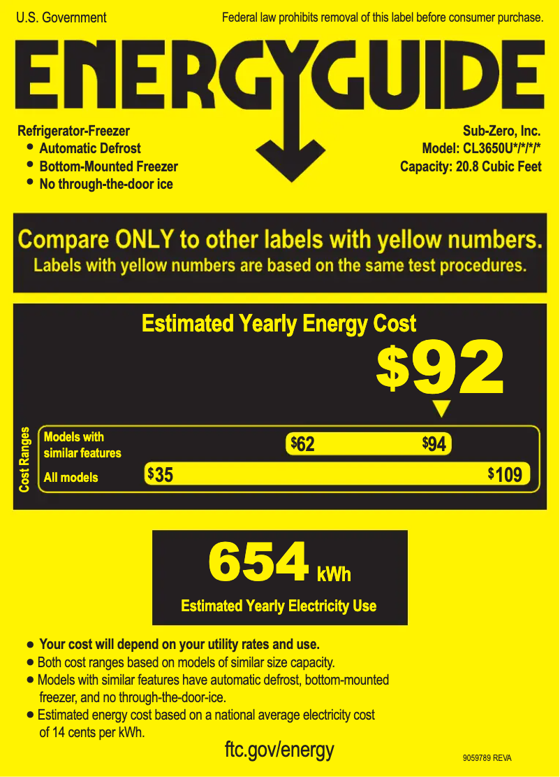 Page n°1 - Label énergétique Sub-Zero CL3650UIO