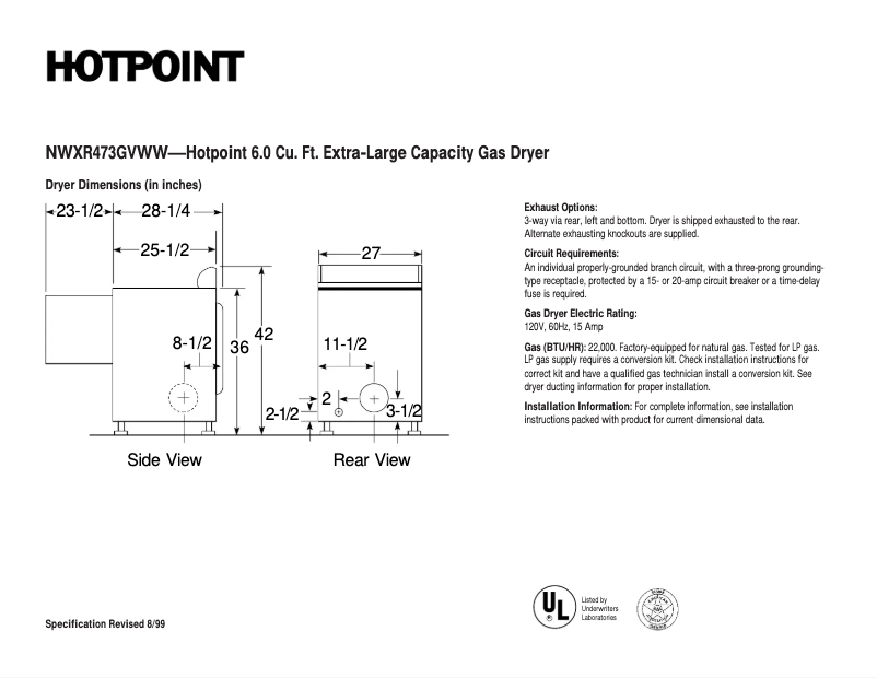 Page 1 de la notice Fiche technique Hotpoint NWXR473GVWW