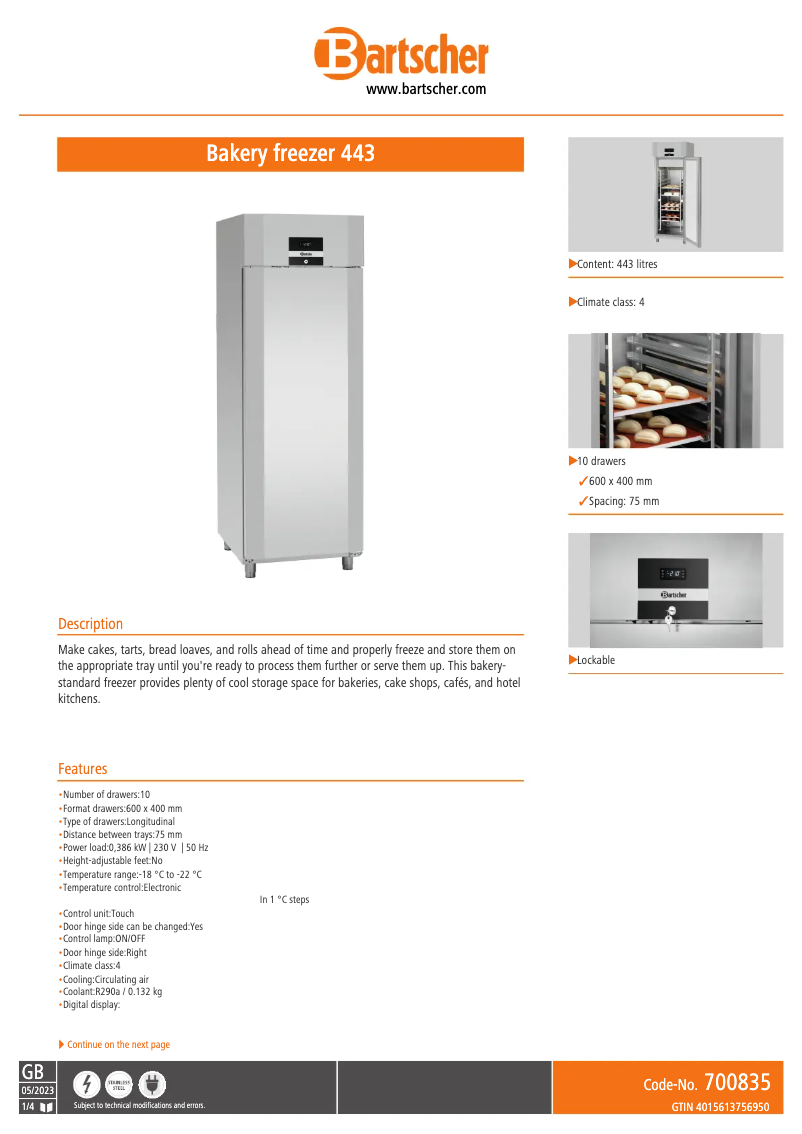 Página 1 del manual Ficha técnica Bartscher 700835