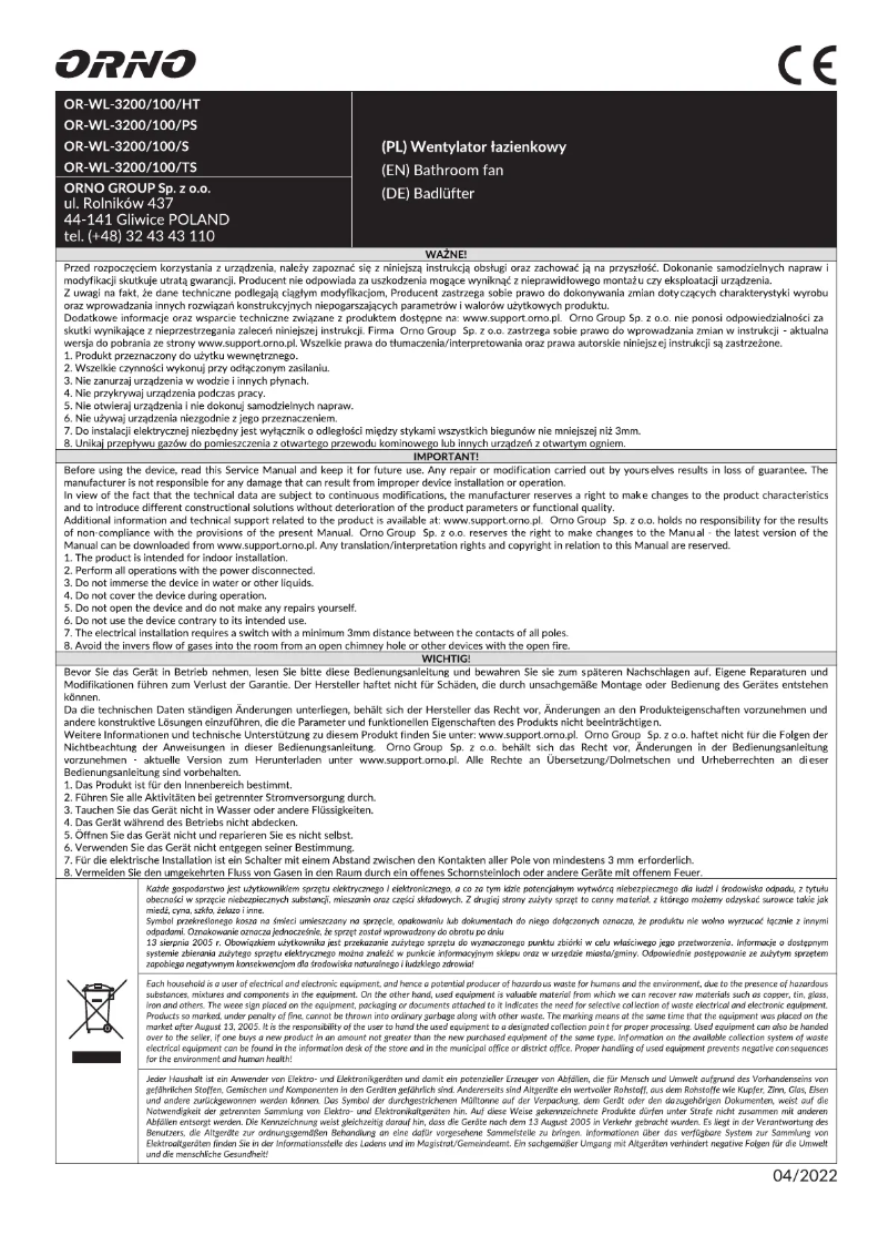 Page n°1 - Manuel utilisateur ORNO OR-WL-3200/100/PS