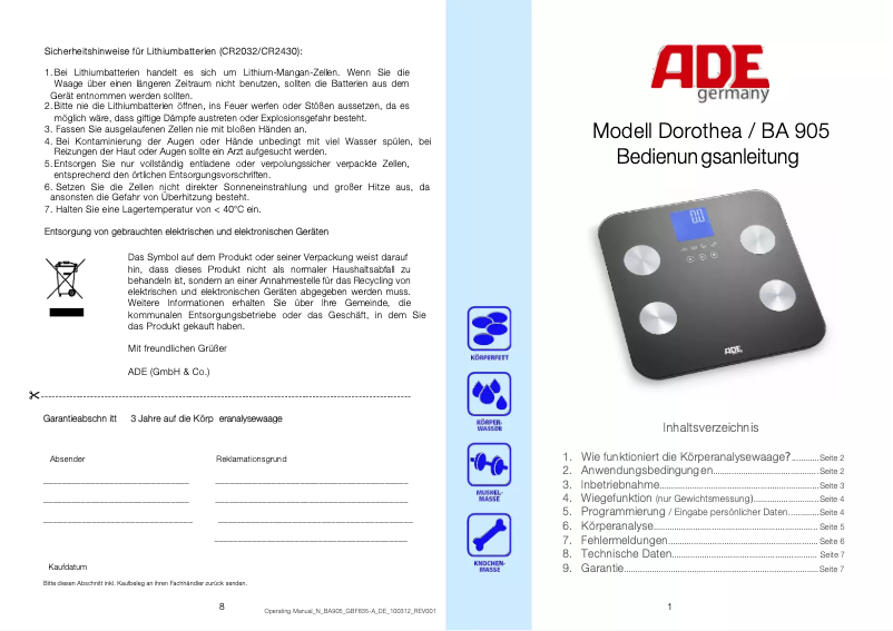 Page 1 de la notice Manuel utilisateur ADE Dorothea BA 905