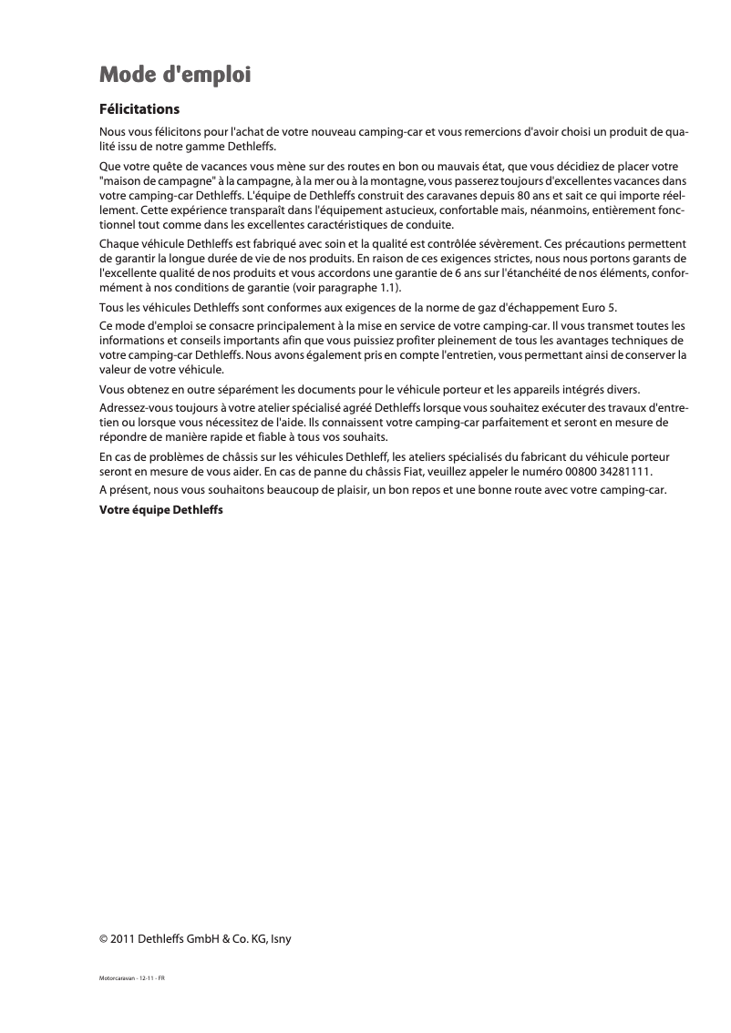 Page 1 de la notice Manuel utilisateur Dethleffs Motorhome (2012)