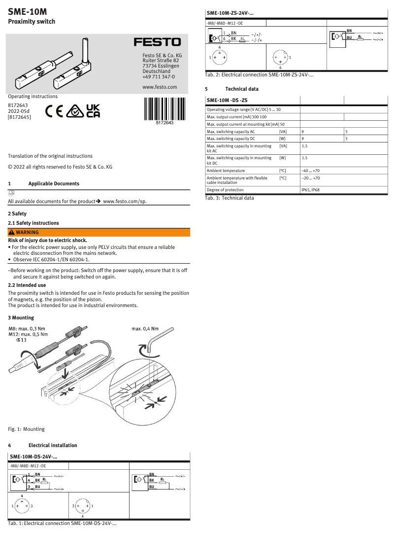 Page 1 de la notice Manuel utilisateur Festo SME-10M-ZS-24V-E-2,5-Q-OE