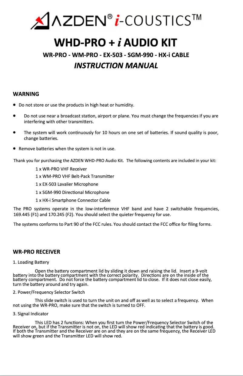 Page 1 de la notice Manuel utilisateur Azden WHD-PRO + I