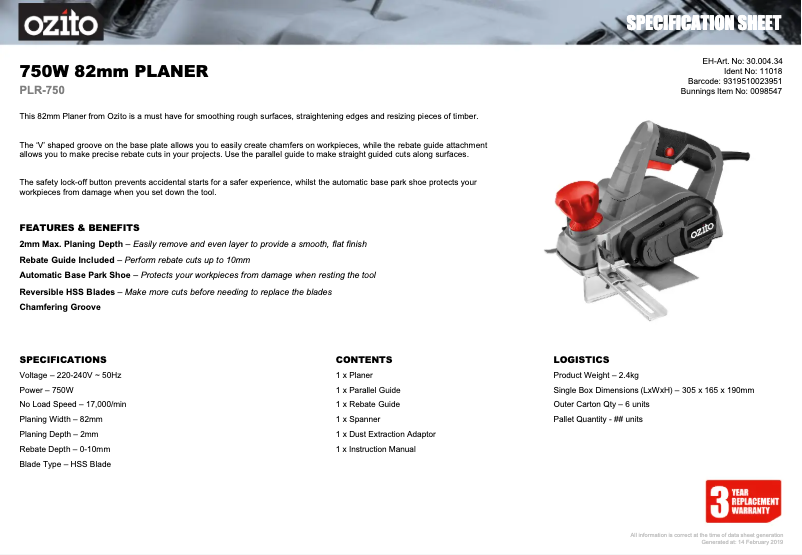 Page n°1 - Fiche technique Ozito PLR-750
