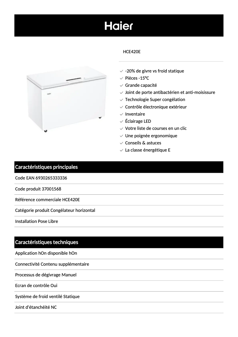 Page n°1 - Fiche technique Haier HCE429F