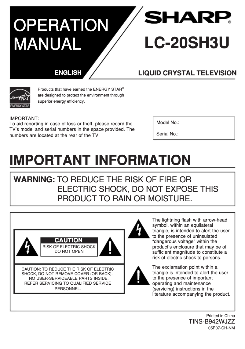Page 1 de la notice Manuel utilisateur Sharp LC-20SH3U