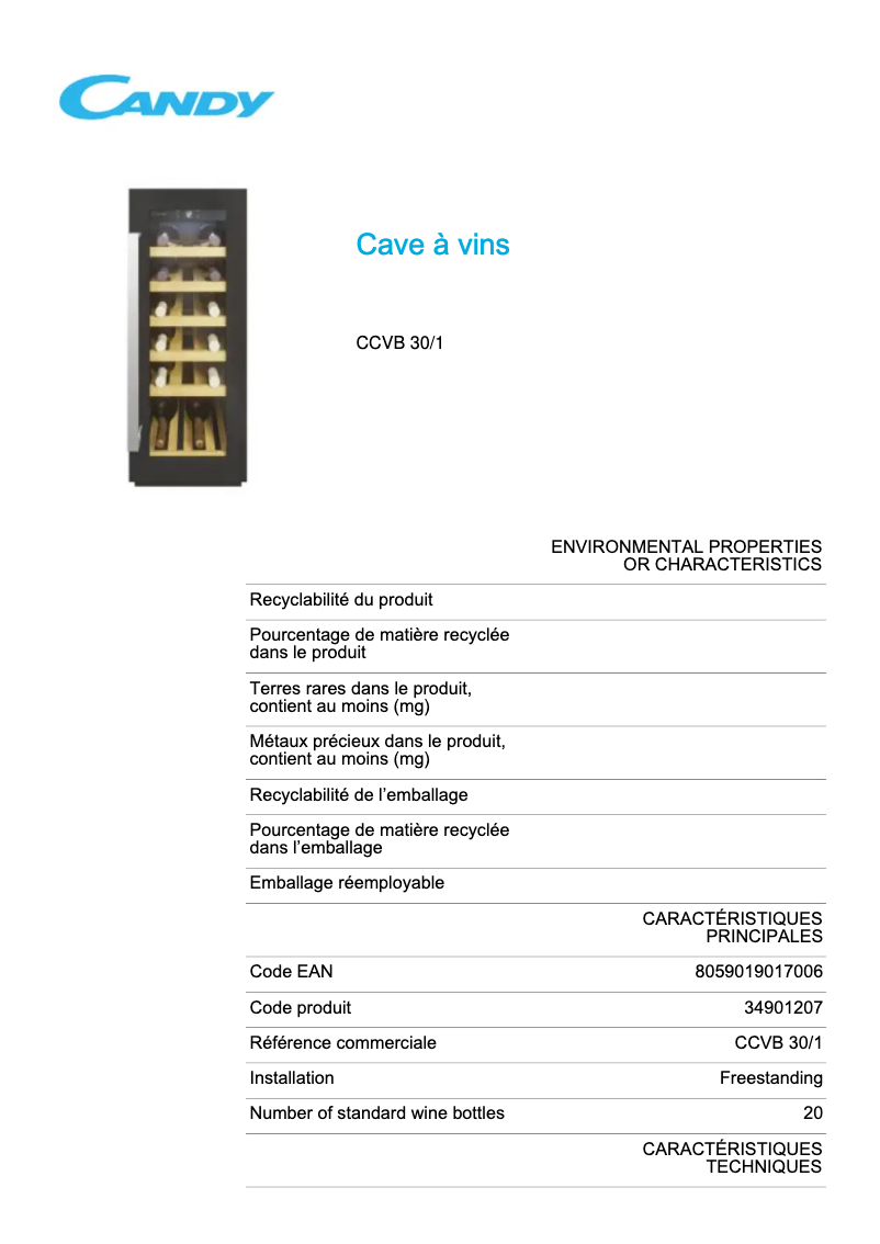 Page 1 de la notice Fiche technique Candy CCVB 30/1