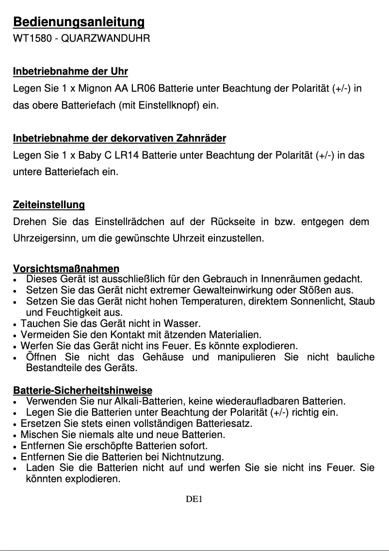 Page 1 de la notice Manuel utilisateur Techno Line WT 1580