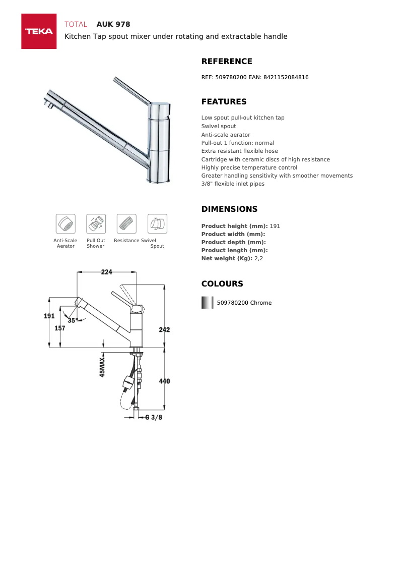 Page 1 de la notice Fiche technique Teka AUK 978