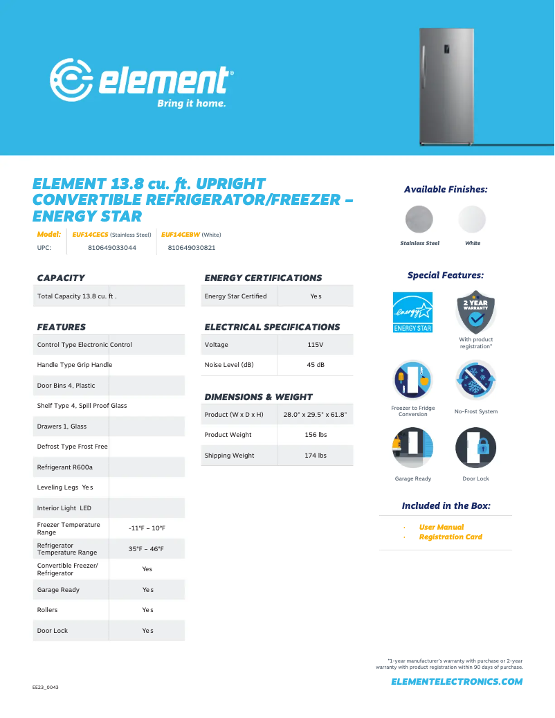 Page 1 de la notice Fiche technique Element EUF14CEBW