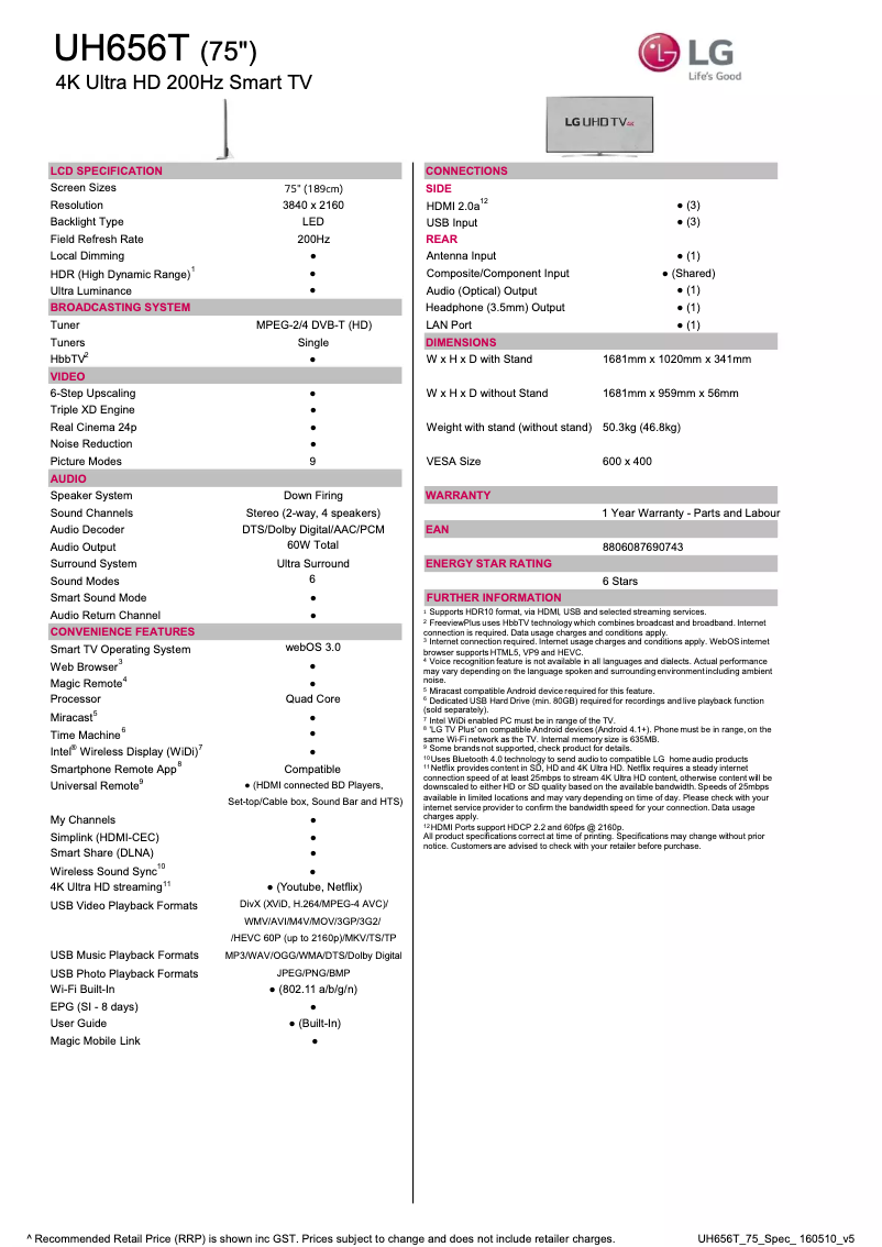 Page n°1 - Fiche technique LG 75UH656T