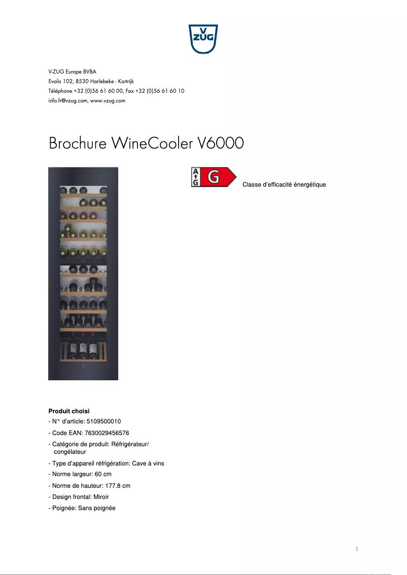 Page 1 de la notice Brochure V-Zug WineCooler V6000