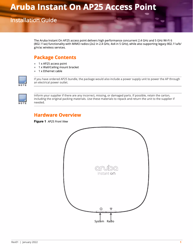 Page n°1 - Manuel utilisateur Aruba R9B33A