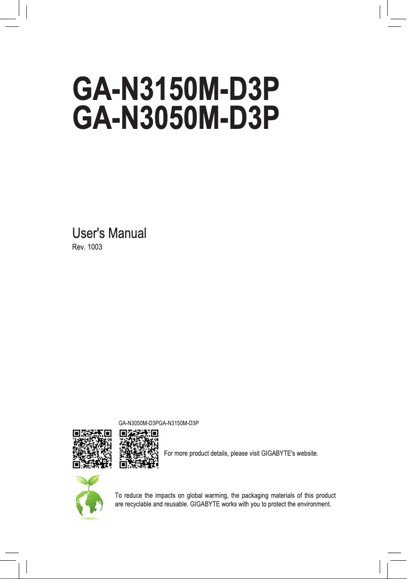 Page 1 de la notice Manuel utilisateur Gigabyte GA-N3150M-D3P