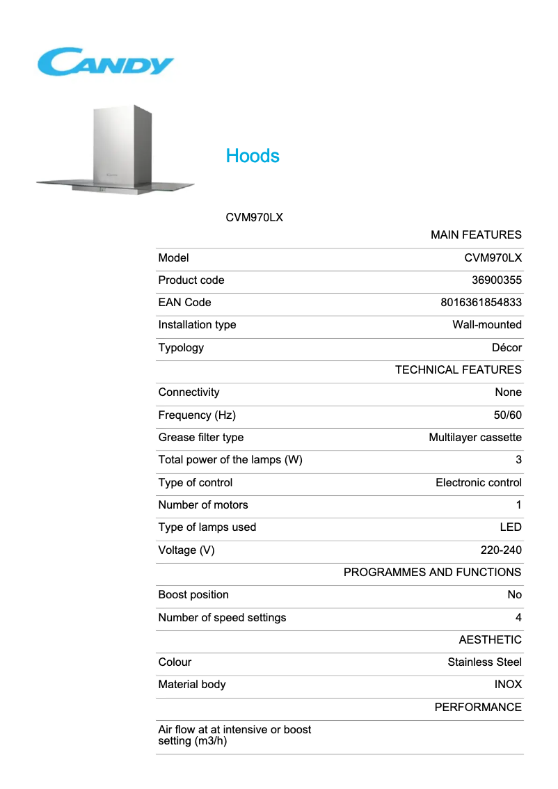 Page 1 de la notice Fiche technique Candy CVM 970 LX