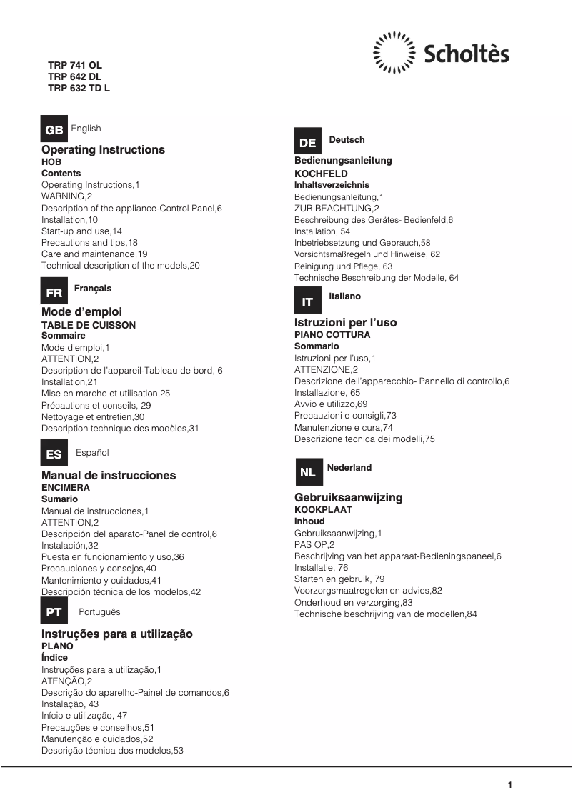 Page n°1 - Manuel utilisateur Scholtès TRP 741 OL