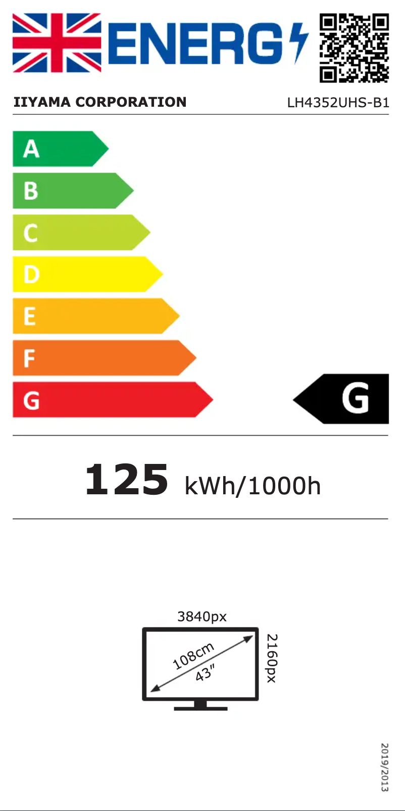Page 1 de la notice Label énergétique Iiyama Prolite LH4352UHS