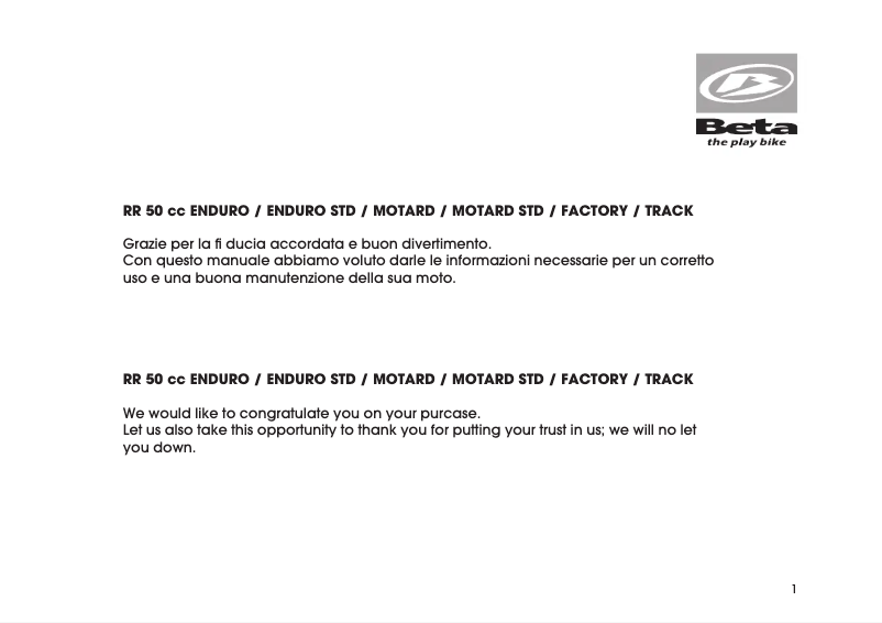 Page 1 de la notice Manuel utilisateur Beta RR 50 (2012)