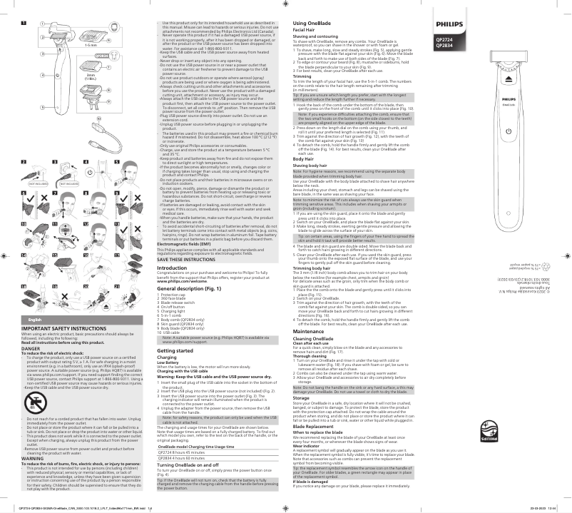 Image de la première page du manuel de l'appareil OneBlade 360 QP2834