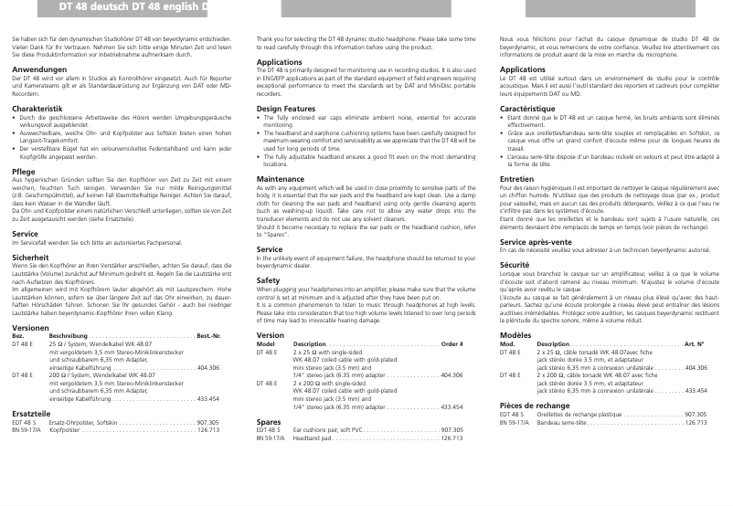 Page 1 de la notice Manuel utilisateur Beyerdynamic DT 48 E