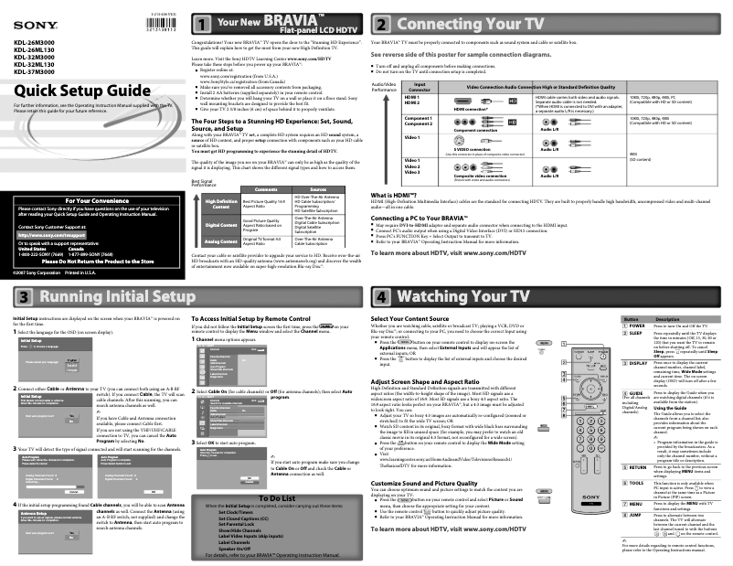 Page 1 de la notice Guide d'installation Sony Bravia KDL-32ML130