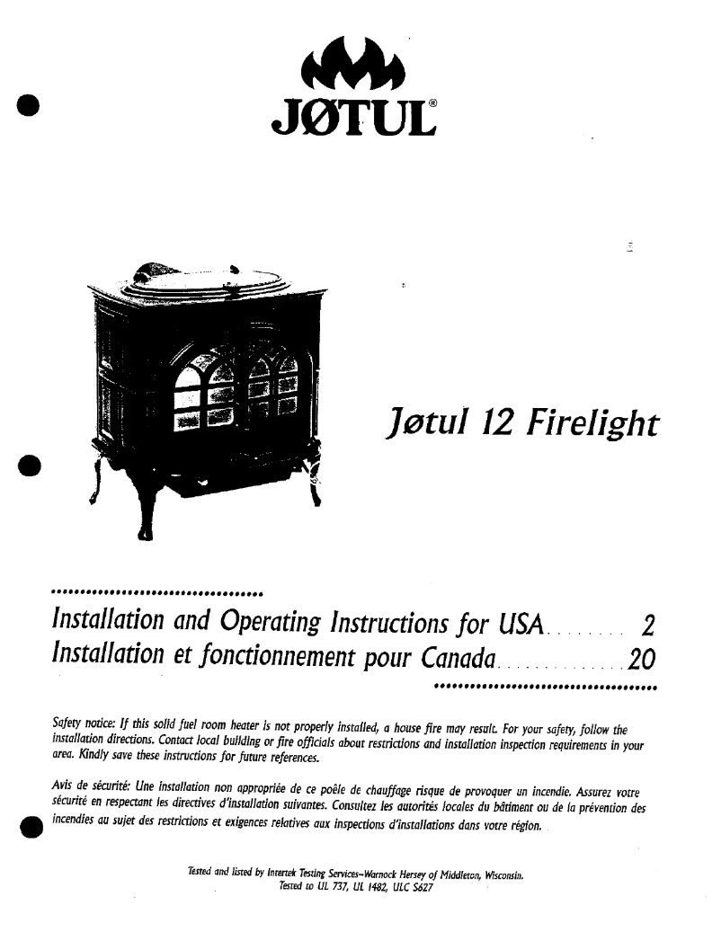 Page 1 de la notice Manuel utilisateur Jøtul 12 Firelight