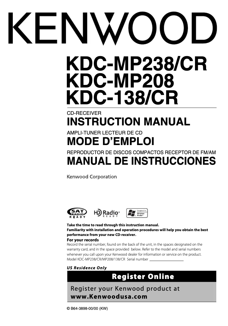 Page 1 de la notice Manuel utilisateur Kenwood KDC-MP238CR